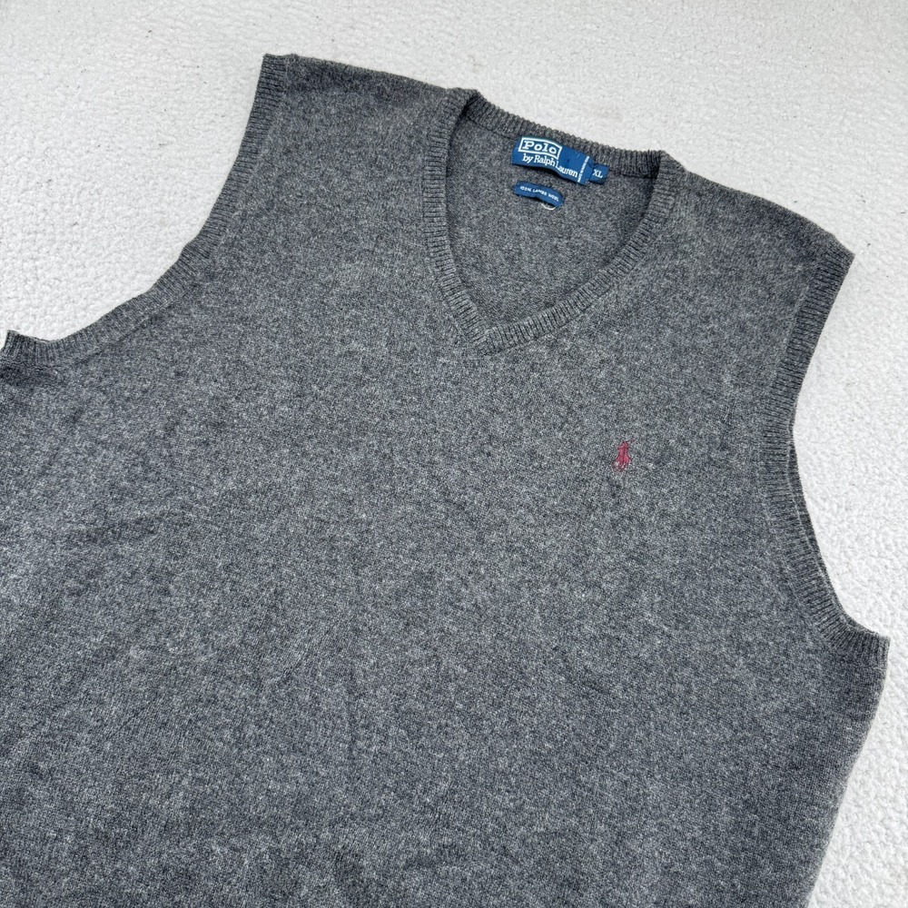 Vintage Polo Ralph Lauren Lamb's Wool Sweater Vest Mens XL Gray V-Neck Pullover